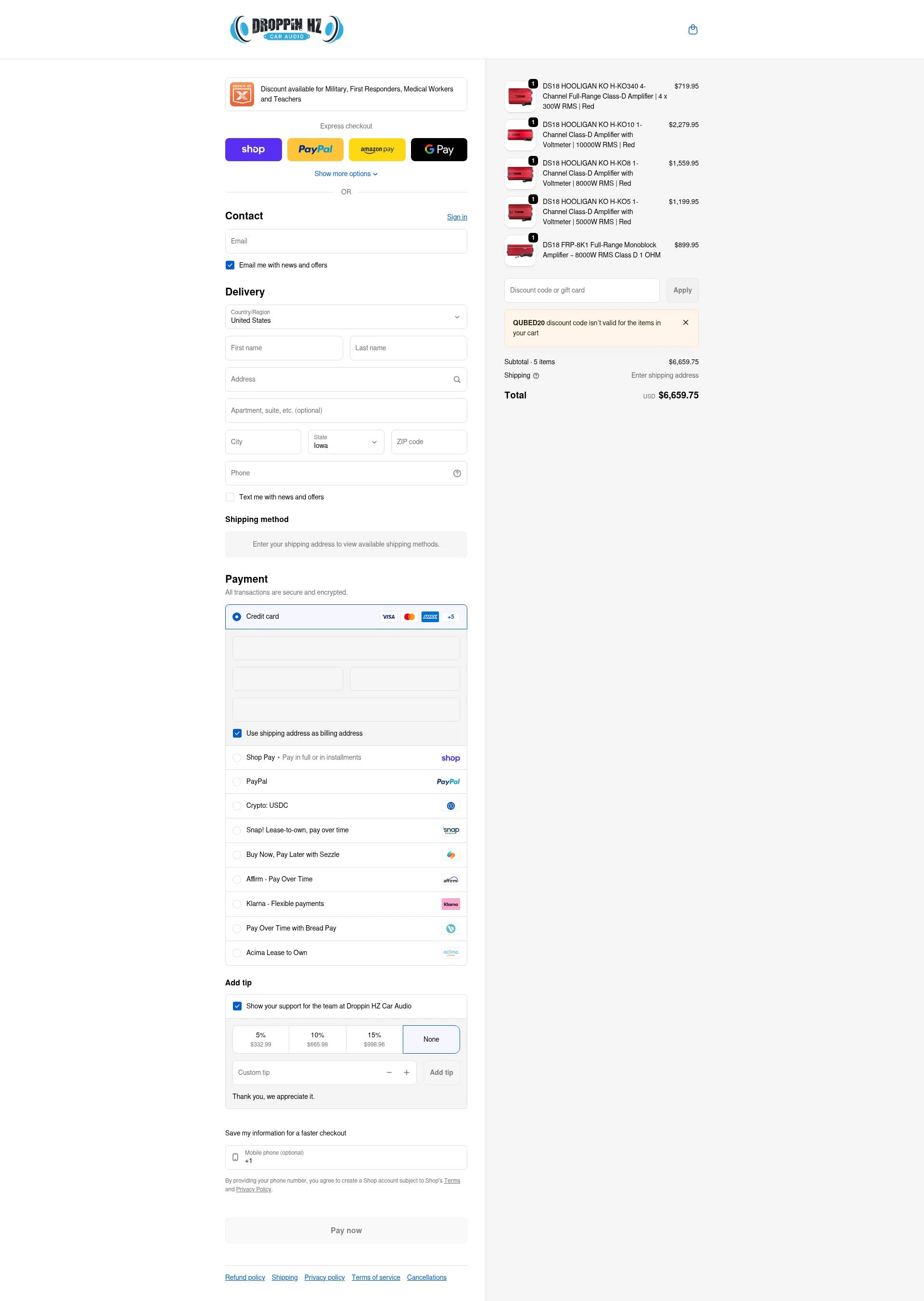 Droppin HZ Car Audio checkout page showing Droppin HZ Car Audio promo code box | Screenshot taken by SimplyCodes community member on Feb 7, 2026