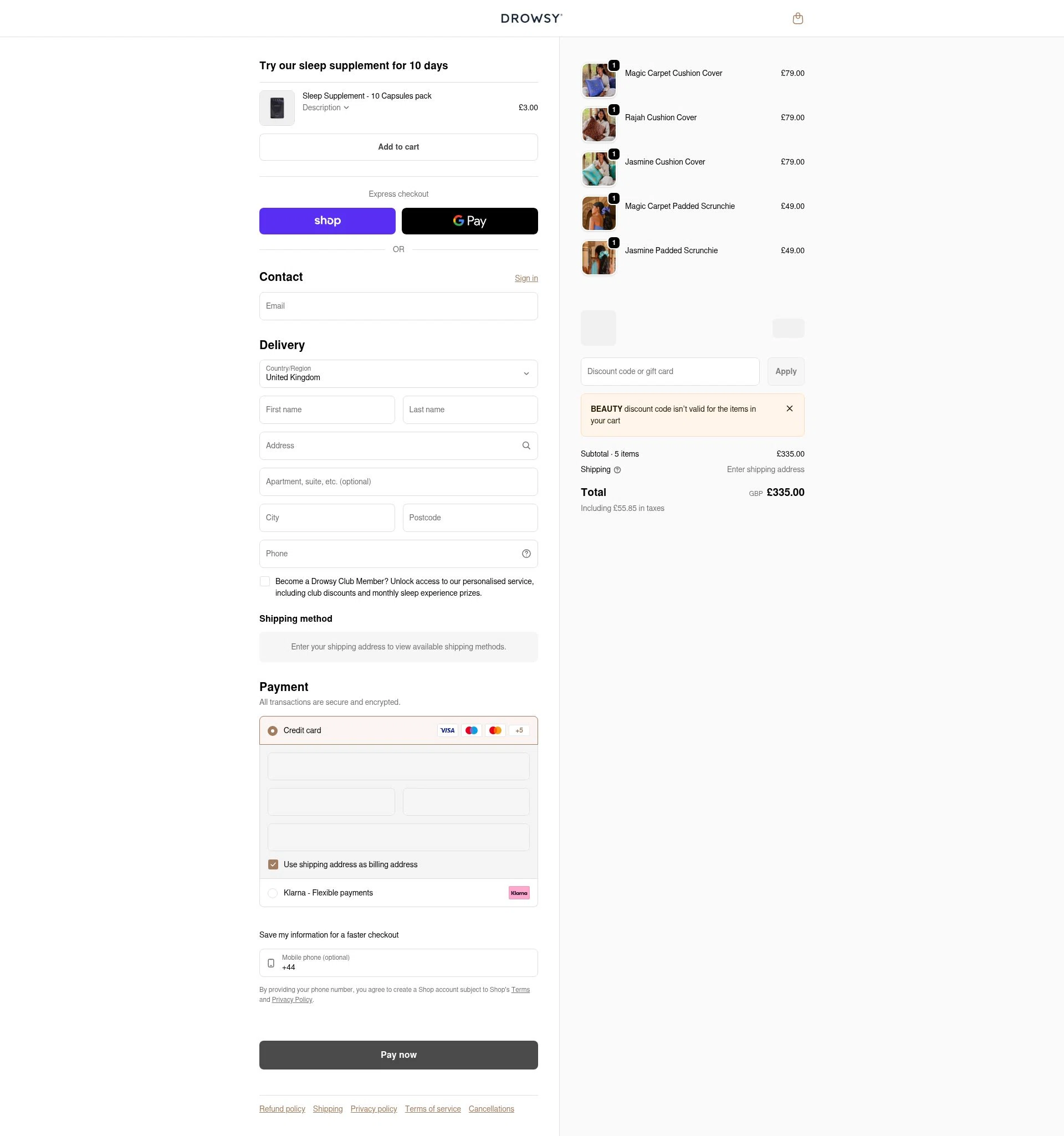 Drowsy Sleep Co checkout page showing Drowsy Sleep Co discount code box | Screenshot taken by SimplyCodes community member on Feb 1, 2026