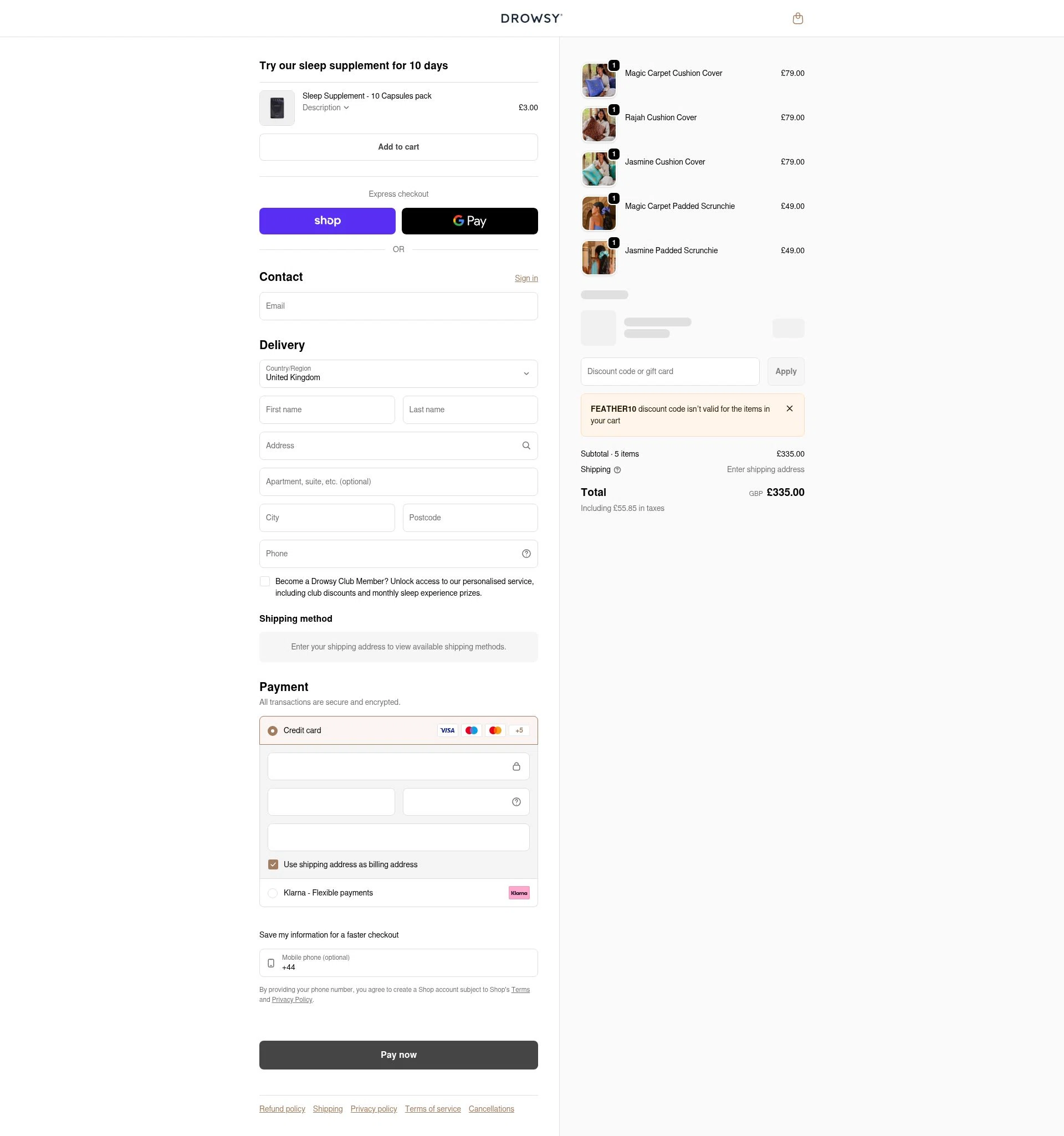 Drowsy Sleep Co checkout page showing Drowsy Sleep Co discount code box | Screenshot taken by SimplyCodes community member on Feb 9, 2026