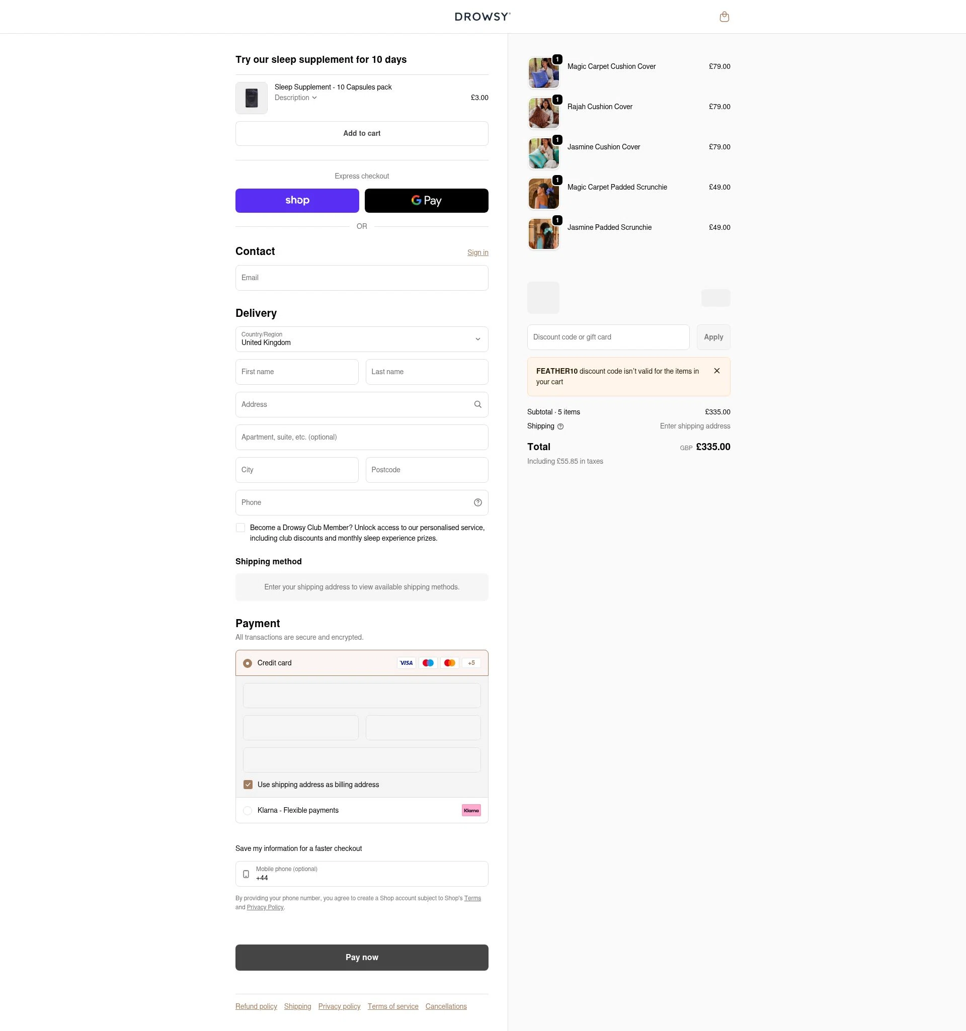 Drowsy Sleep Co checkout page showing Drowsy Sleep Co discount code box | Screenshot taken by SimplyCodes community member on Feb 5, 2026