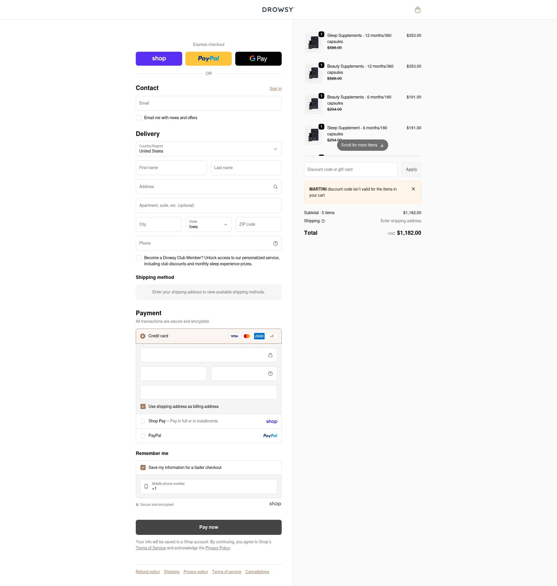 Drowsy Sleep Co US checkout page showing Drowsy Sleep Co US promo code box | Screenshot taken by SimplyCodes community member on Jan 29, 2026