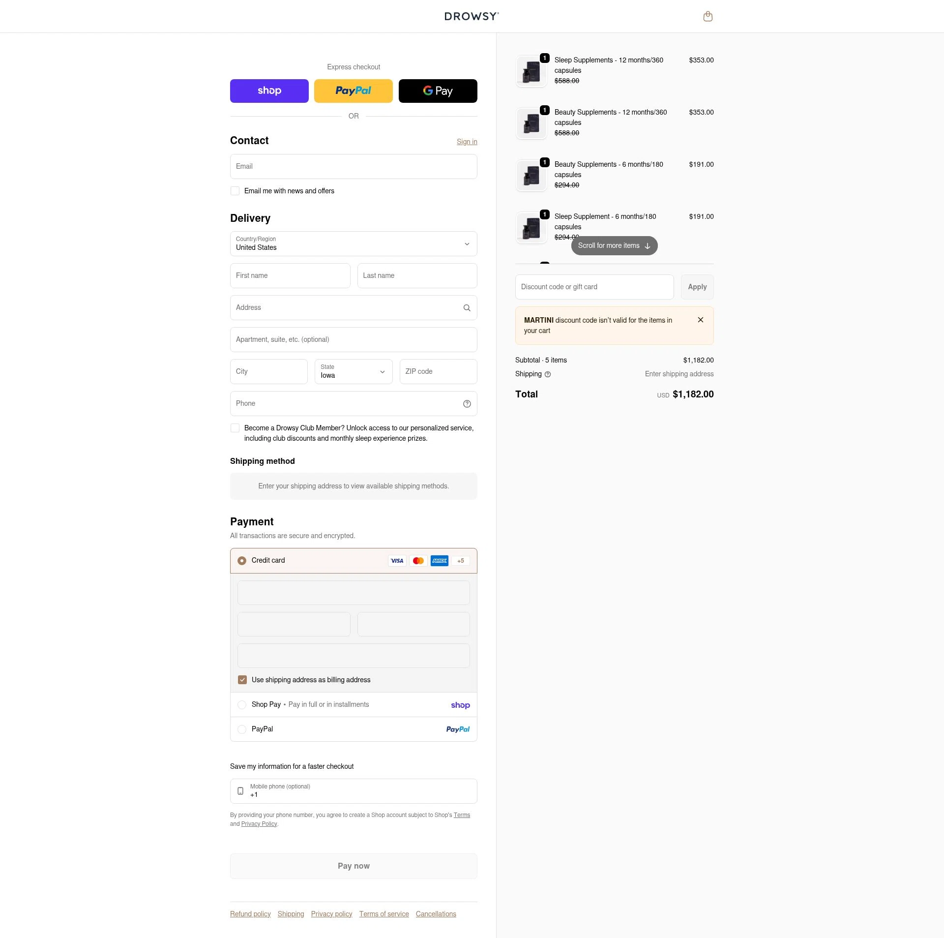 Drowsy Sleep Co US checkout page showing Drowsy Sleep Co US promo code box | Screenshot taken by SimplyCodes community member on Feb 3, 2026