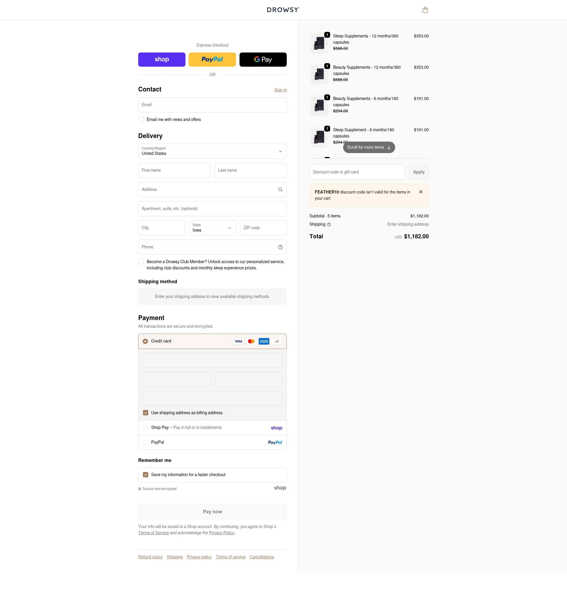 Drowsy Sleep Co US checkout page showing Drowsy Sleep Co US promo code box | Screenshot taken by SimplyCodes community member on Jan 25, 2026