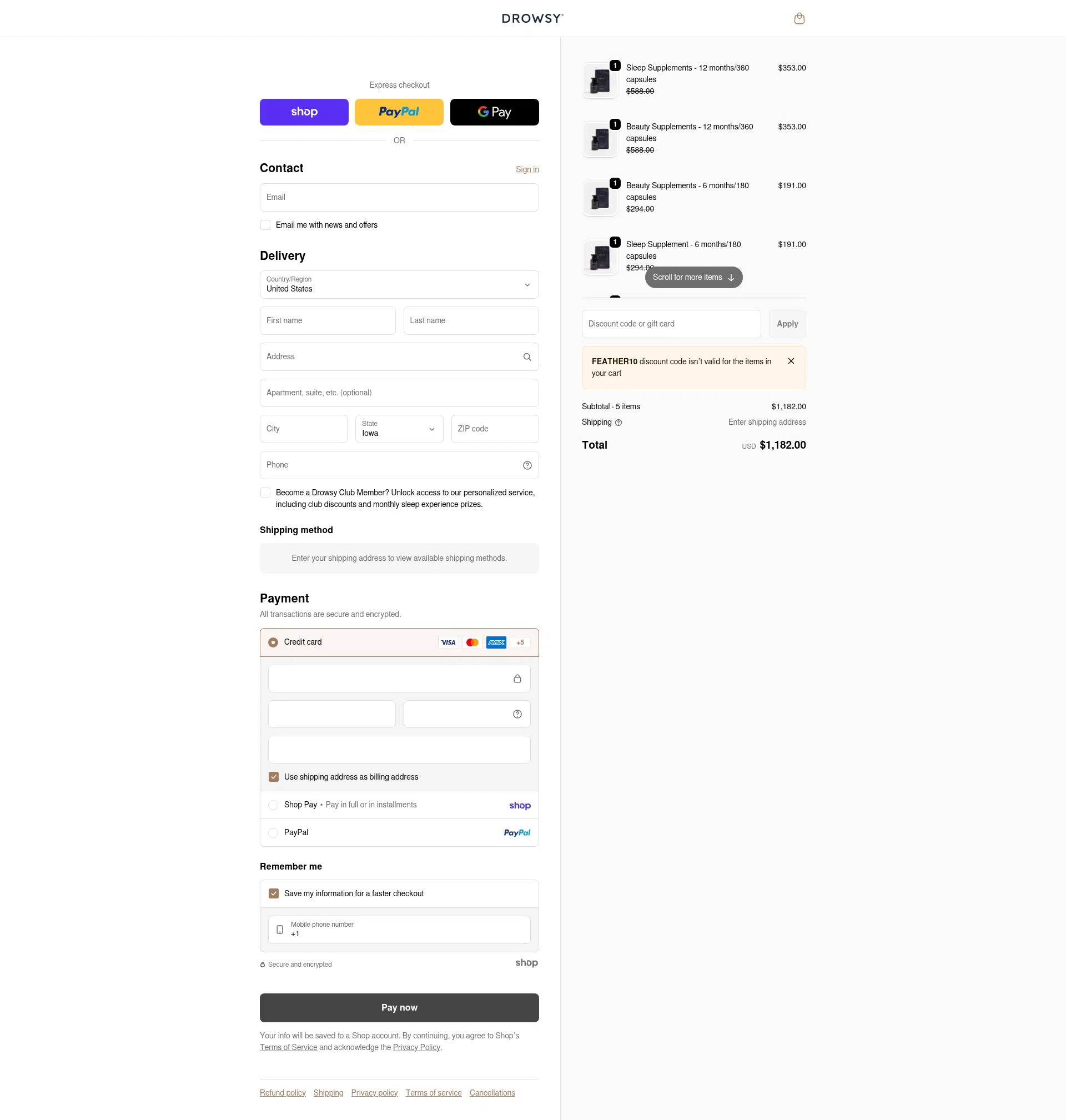 Drowsy Sleep Co US checkout page showing Drowsy Sleep Co US promo code box | Screenshot taken by SimplyCodes community member on Jan 29, 2026