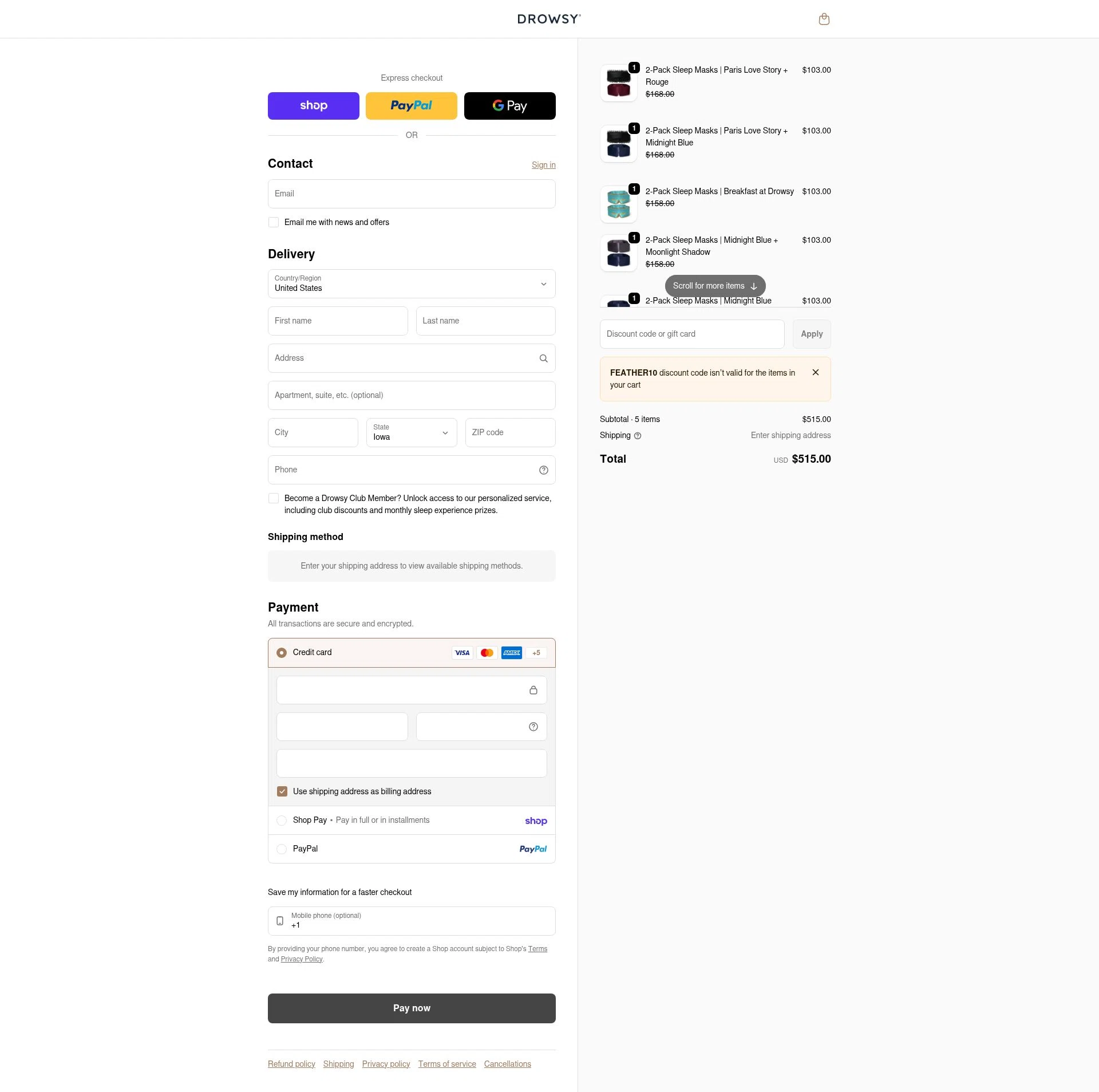 Drowsy Sleep Co US checkout page showing Drowsy Sleep Co US promo code box | Screenshot taken by SimplyCodes community member on Feb 7, 2026