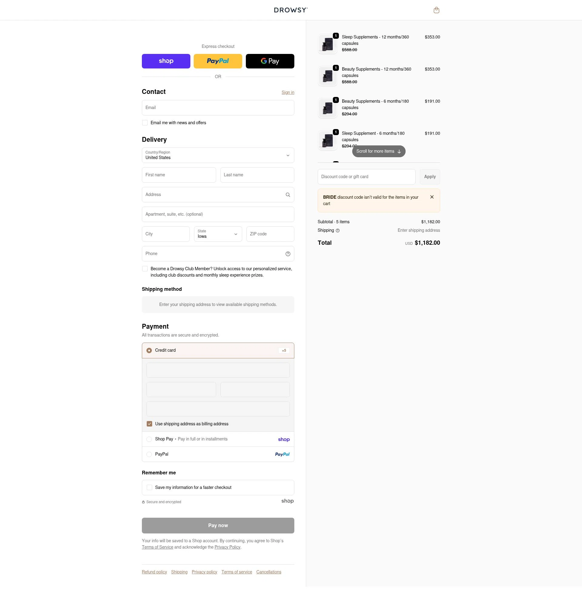 Drowsy Sleep Co US checkout page showing Drowsy Sleep Co US promo code box | Screenshot taken by SimplyCodes community member on Jan 29, 2026