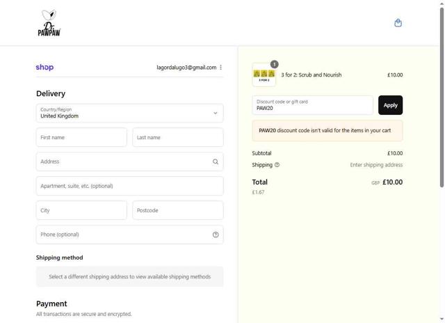 Dr. PawPaw checkout page showing Dr. PawPaw promo code box | Screenshot taken by SimplyCodes community member on Sep 12, 2025