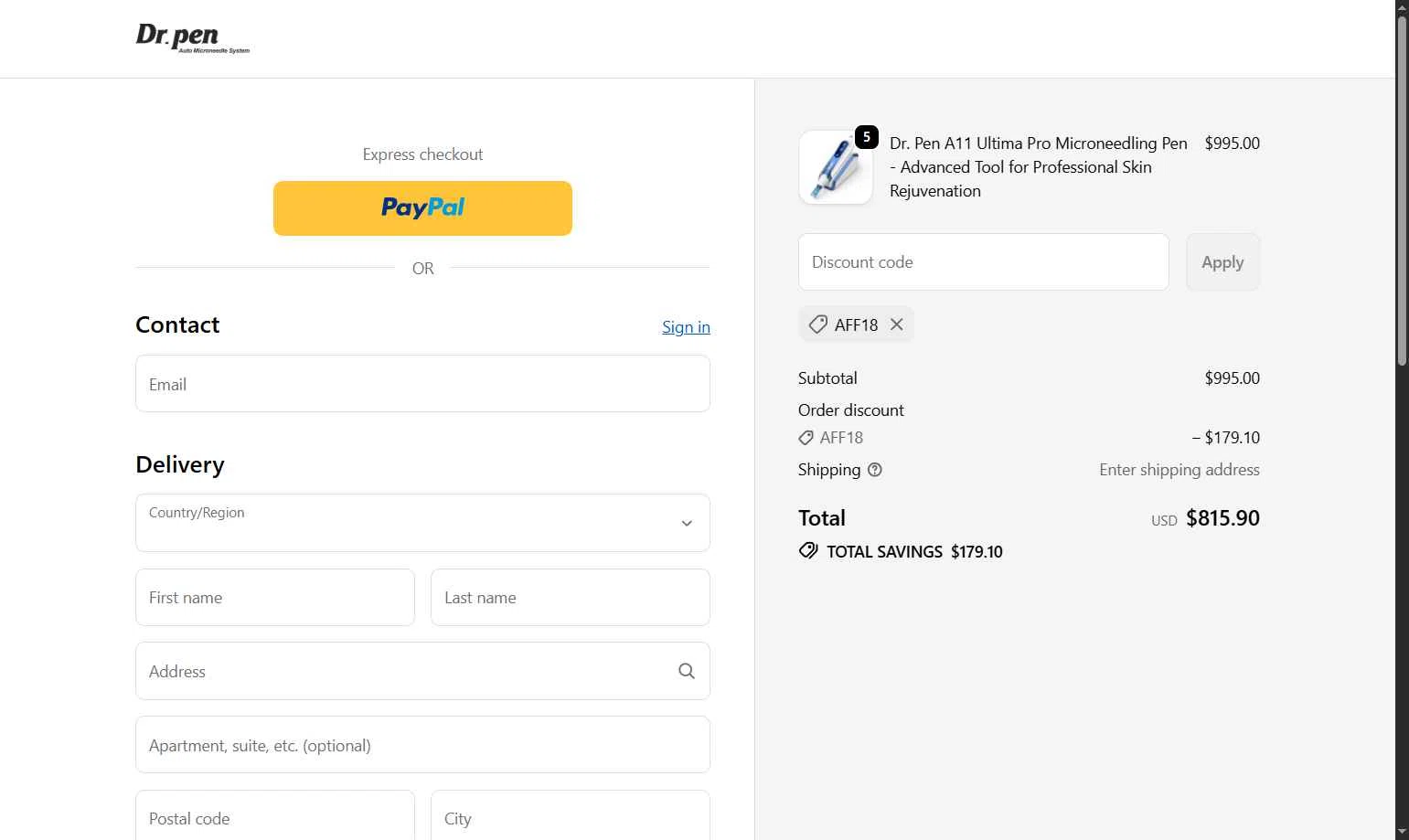 Dr. Pen checkout page showing Dr. Pen discount code box | Screenshot taken by SimplyCodes community member on Dec 30, 2025
