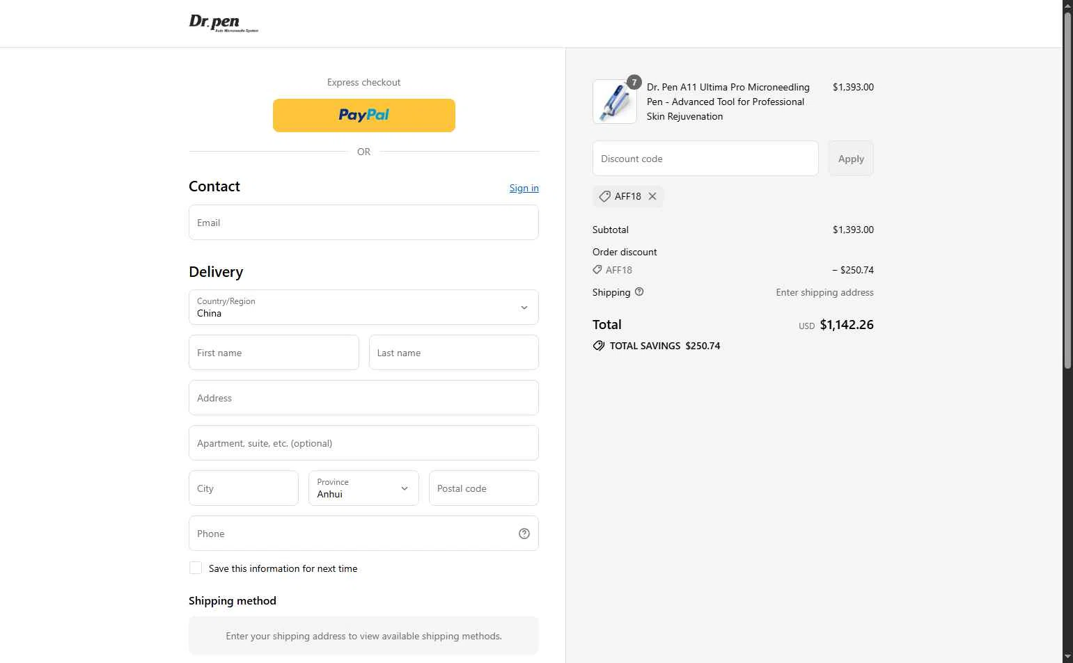 Dr. Pen checkout page showing Dr. Pen discount code box | Screenshot taken by SimplyCodes community member on Sep 17, 2025