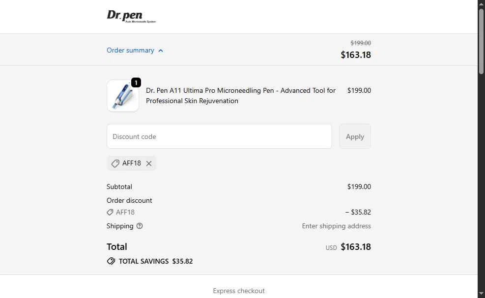 Dr. Pen checkout page showing Dr. Pen discount code box | Screenshot taken by SimplyCodes community member on Oct 2, 2025