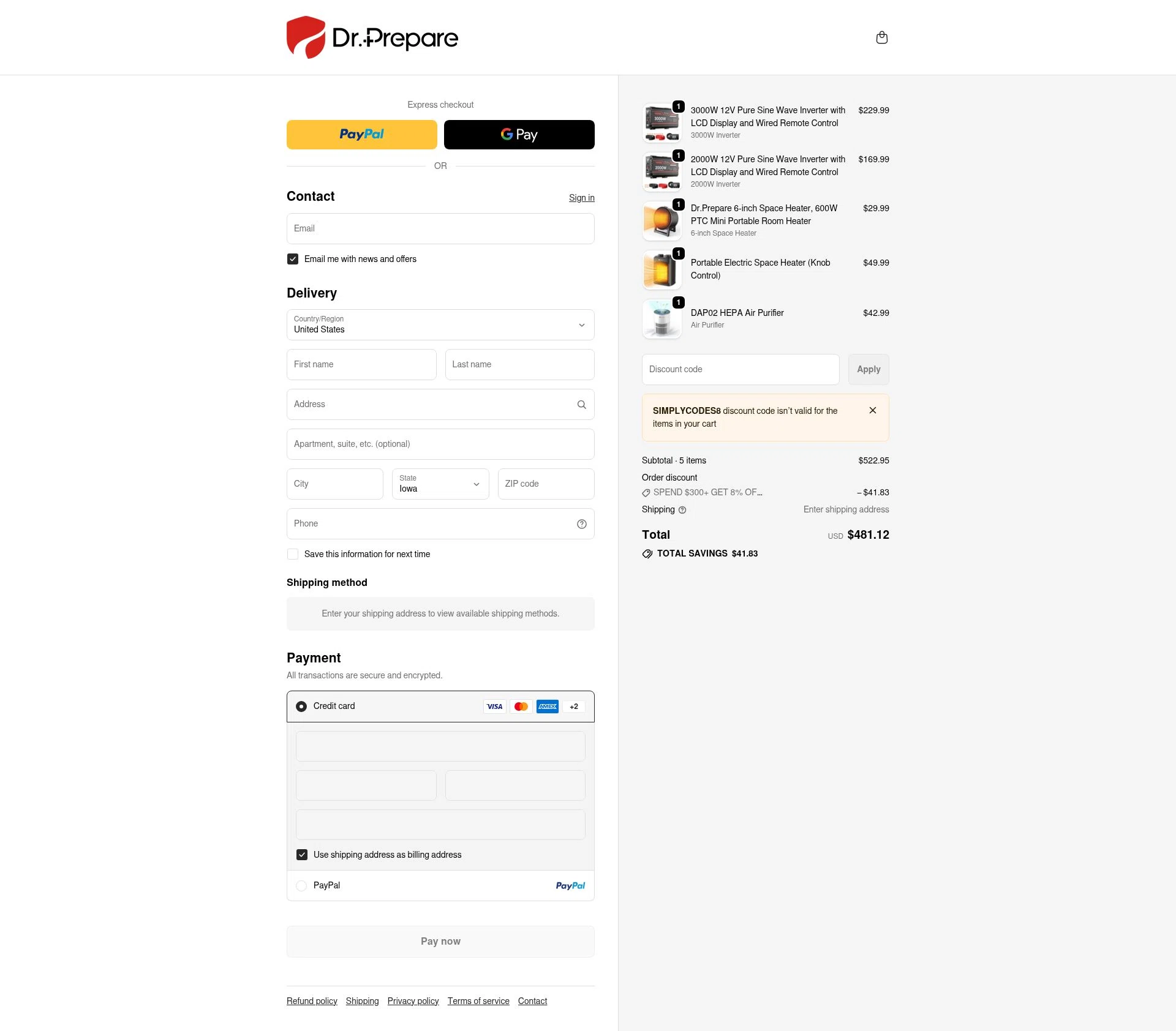 Dr.Prepare checkout page showing Dr.Prepare promo code box | Screenshot taken by SimplyCodes community member on Feb 6, 2026