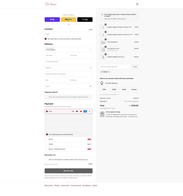 Dr Sam Bunting checkout page showing Dr Sam Bunting promo code box | Screenshot taken by SimplyCodes community member on Sep 7, 2025