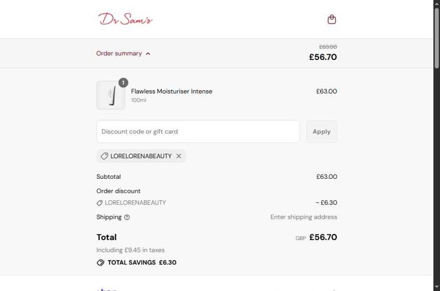 Dr Sam Bunting checkout page showing Dr Sam Bunting promo code box | Screenshot taken by SimplyCodes community member on Sep 7, 2025