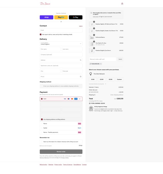 Dr Sam Bunting checkout page showing Dr Sam Bunting promo code box | Screenshot taken by SimplyCodes community member on Sep 7, 2025