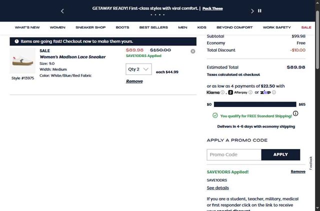 Dr. Scholls Shoes checkout page showing Dr. Scholls Shoes discount code box | Screenshot taken by SimplyCodes community member on Aug 6, 2025