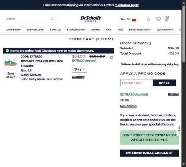 Dr. Scholls Shoes checkout page showing Dr. Scholls Shoes discount code box | Screenshot taken by SimplyCodes community member on Jul 25, 2025