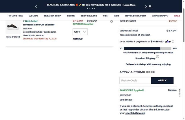 Dr. Scholls Shoes checkout page showing Dr. Scholls Shoes discount code box | Screenshot taken by SimplyCodes community member on Aug 18, 2025