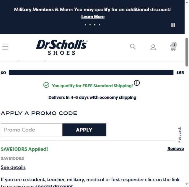 Dr. Scholls Shoes checkout page showing Dr. Scholls Shoes discount code box | Screenshot taken by SimplyCodes community member on Jul 14, 2025