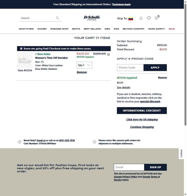 Dr. Scholls Shoes checkout page showing Dr. Scholls Shoes discount code box | Screenshot taken by SimplyCodes community member on Sep 4, 2025