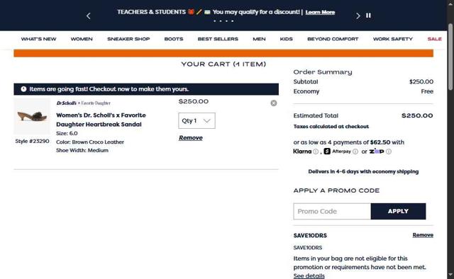 Dr. Scholls Shoes checkout page showing Dr. Scholls Shoes discount code box | Screenshot taken by SimplyCodes community member on Aug 31, 2025