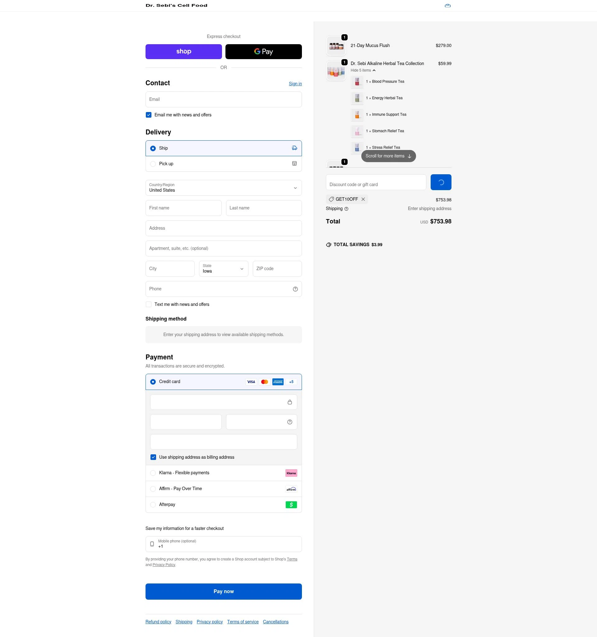 Dr. Sebi's Cell Food checkout page showing Dr. Sebi's Cell Food promo code box | Screenshot taken by SimplyCodes community member on Feb 10, 2026