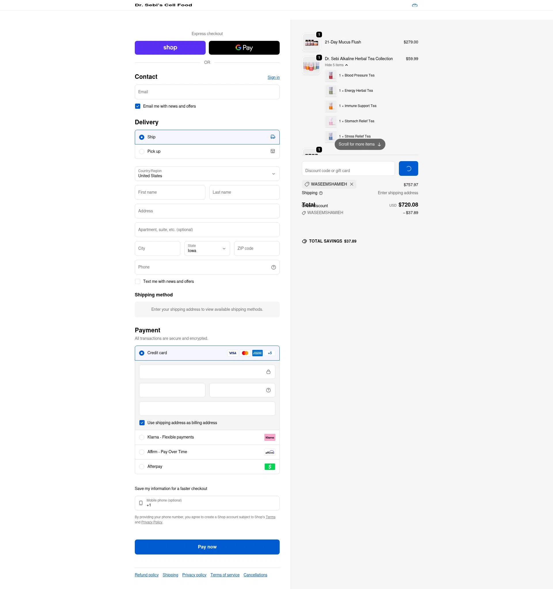 Dr. Sebi's Cell Food checkout page showing Dr. Sebi's Cell Food promo code box | Screenshot taken by SimplyCodes community member on Feb 10, 2026