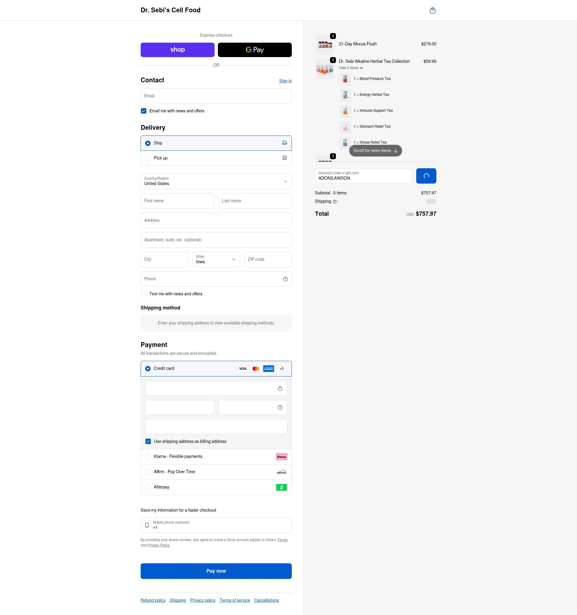 Dr. Sebi's Cell Food checkout page showing Dr. Sebi's Cell Food promo code box | Screenshot taken by SimplyCodes community member on Feb 10, 2026