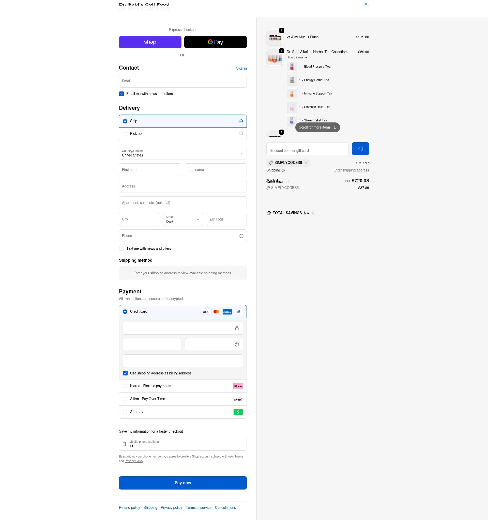 Dr. Sebi's Cell Food checkout page showing Dr. Sebi's Cell Food promo code box | Screenshot taken by SimplyCodes community member on Feb 10, 2026