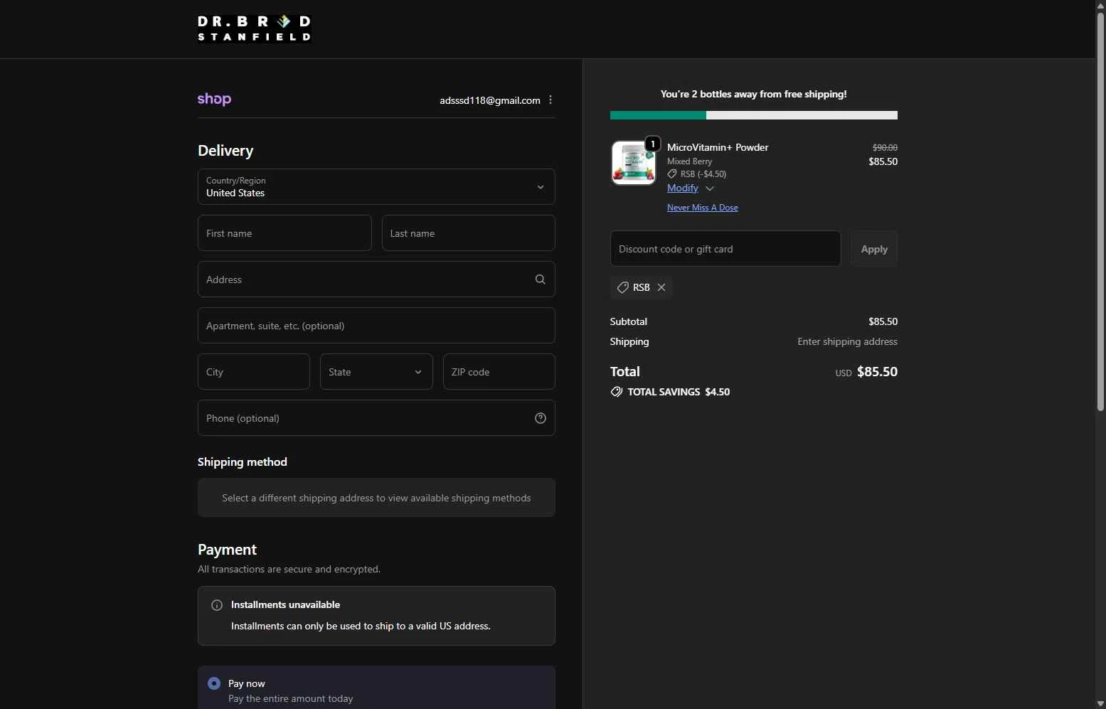 Dr Brad Stanfield checkout page showing Dr Brad Stanfield discount code box | Screenshot taken by SimplyCodes community member on Feb 5, 2026