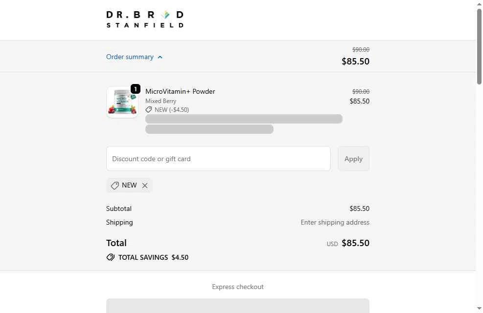 Dr Brad Stanfield checkout page showing Dr Brad Stanfield discount code box | Screenshot taken by SimplyCodes community member on Feb 6, 2026