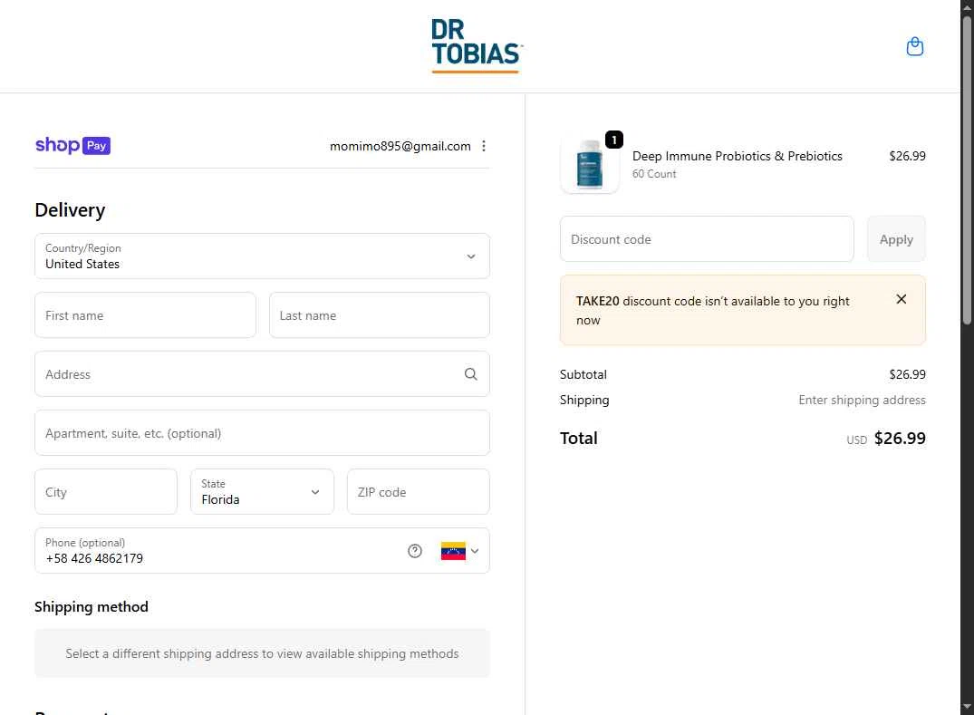 Dr. Tobias checkout page showing Dr. Tobias promo code box | Screenshot taken by SimplyCodes community member on Jan 10, 2026