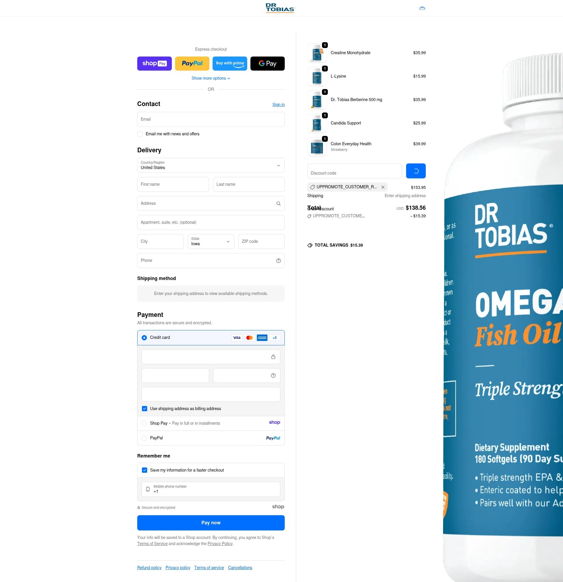 Dr. Tobias checkout page showing Dr. Tobias promo code box | Screenshot taken by SimplyCodes community member on Jan 7, 2026