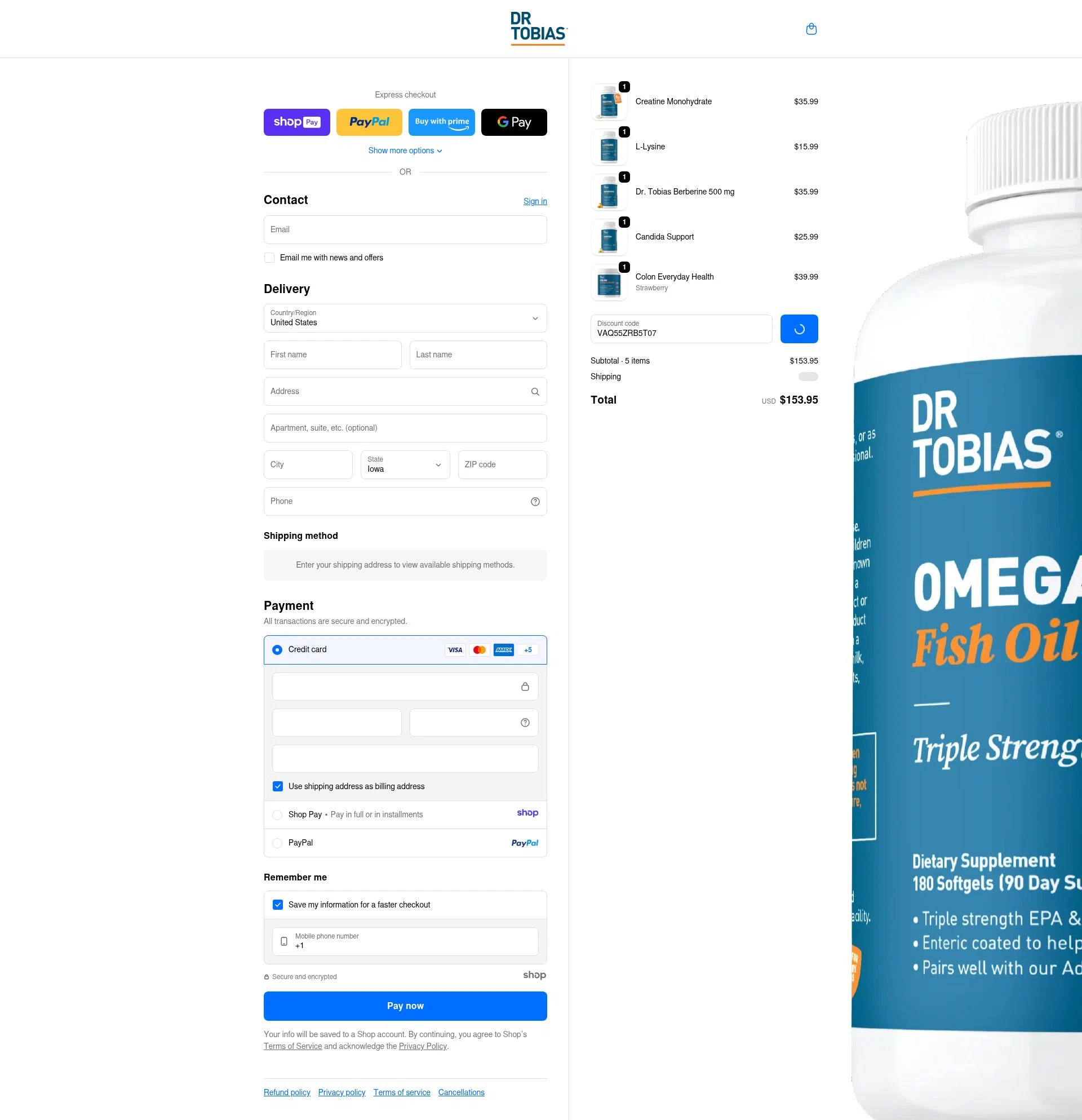 Dr. Tobias checkout page showing Dr. Tobias promo code box | Screenshot taken by SimplyCodes community member on Jan 7, 2026