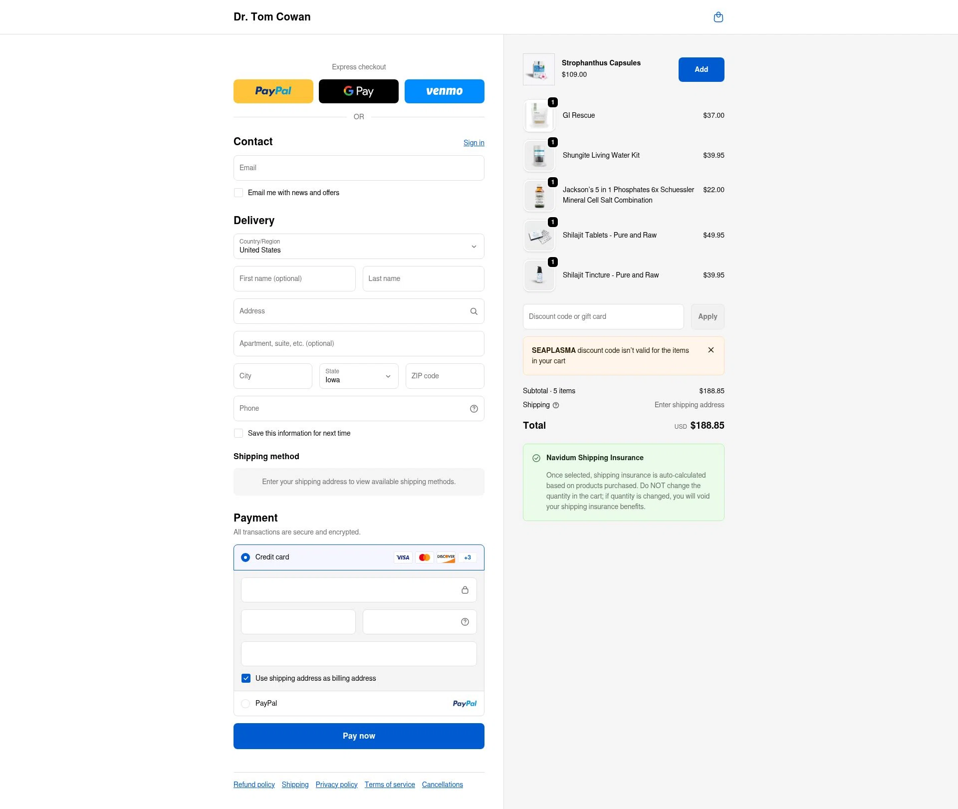 Dr. Tom Cowan checkout page showing Dr. Tom Cowan promo code box | Screenshot taken by SimplyCodes community member on Dec 28, 2025