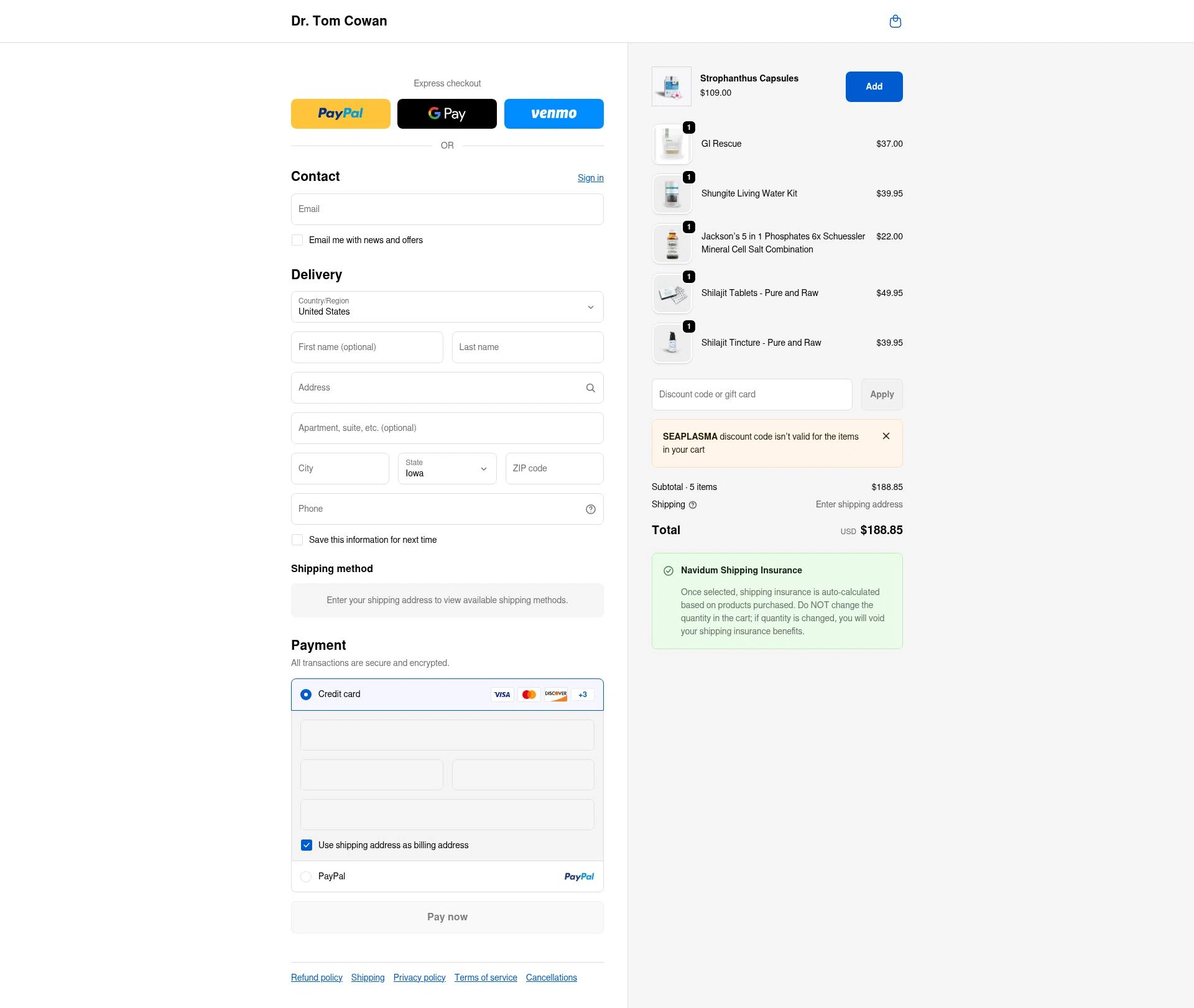 Dr. Tom Cowan checkout page showing Dr. Tom Cowan promo code box | Screenshot taken by SimplyCodes community member on Jan 2, 2026