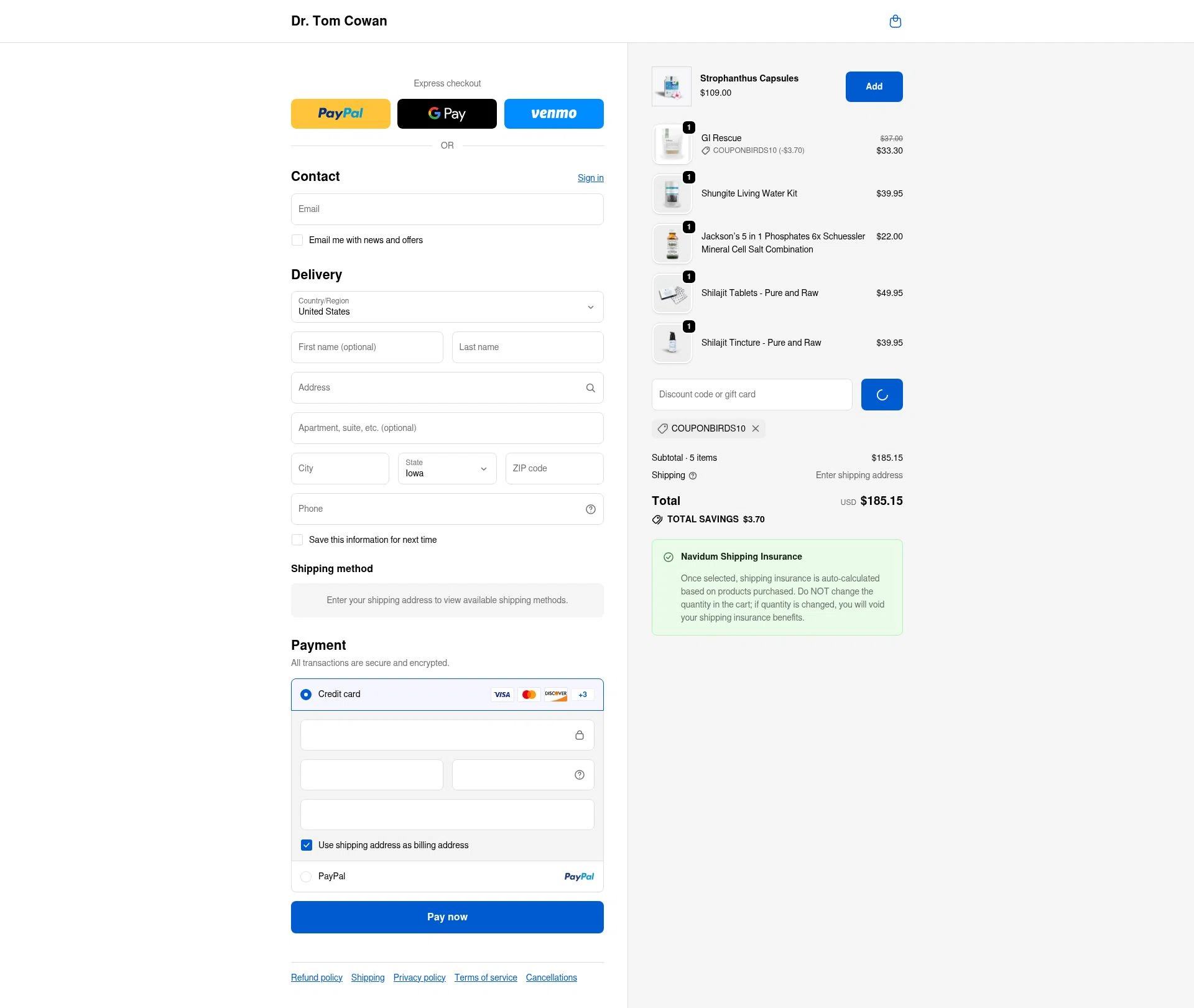Dr. Tom Cowan checkout page showing Dr. Tom Cowan promo code box | Screenshot taken by SimplyCodes community member on Dec 23, 2025