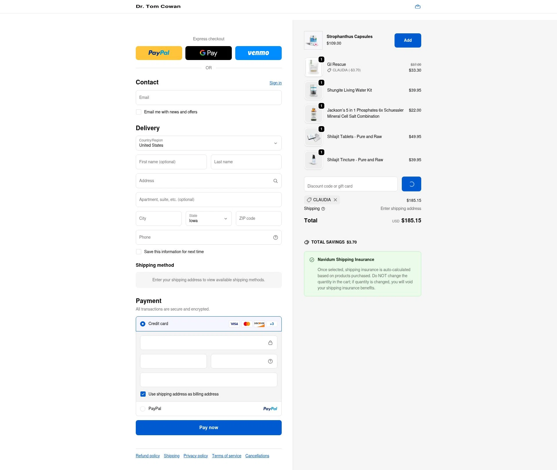 Dr. Tom Cowan checkout page showing Dr. Tom Cowan promo code box | Screenshot taken by SimplyCodes community member on Jan 2, 2026