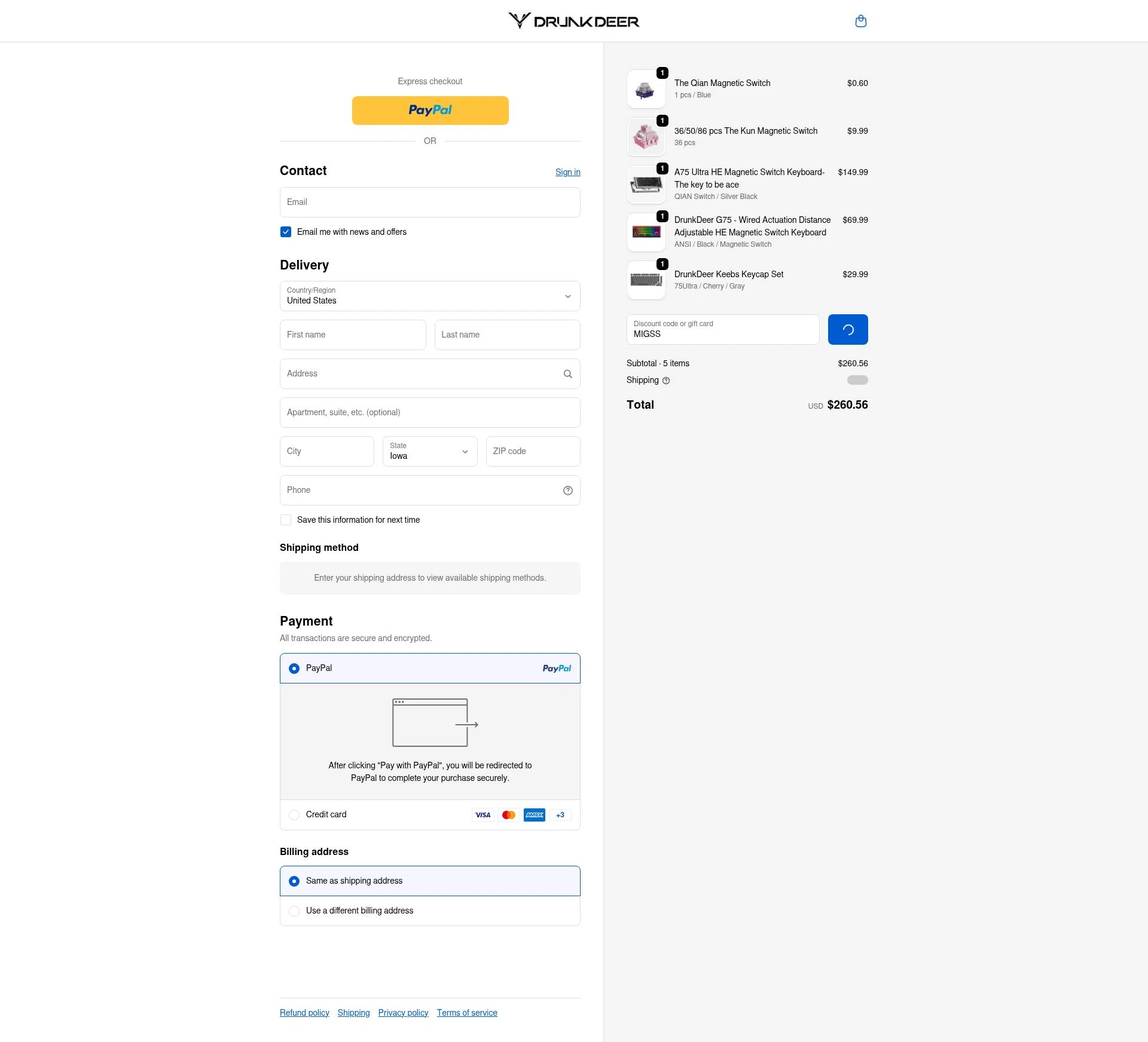 DrunkDeer checkout page showing DrunkDeer coupon code box | Screenshot taken by SimplyCodes community member on Jan 5, 2026
