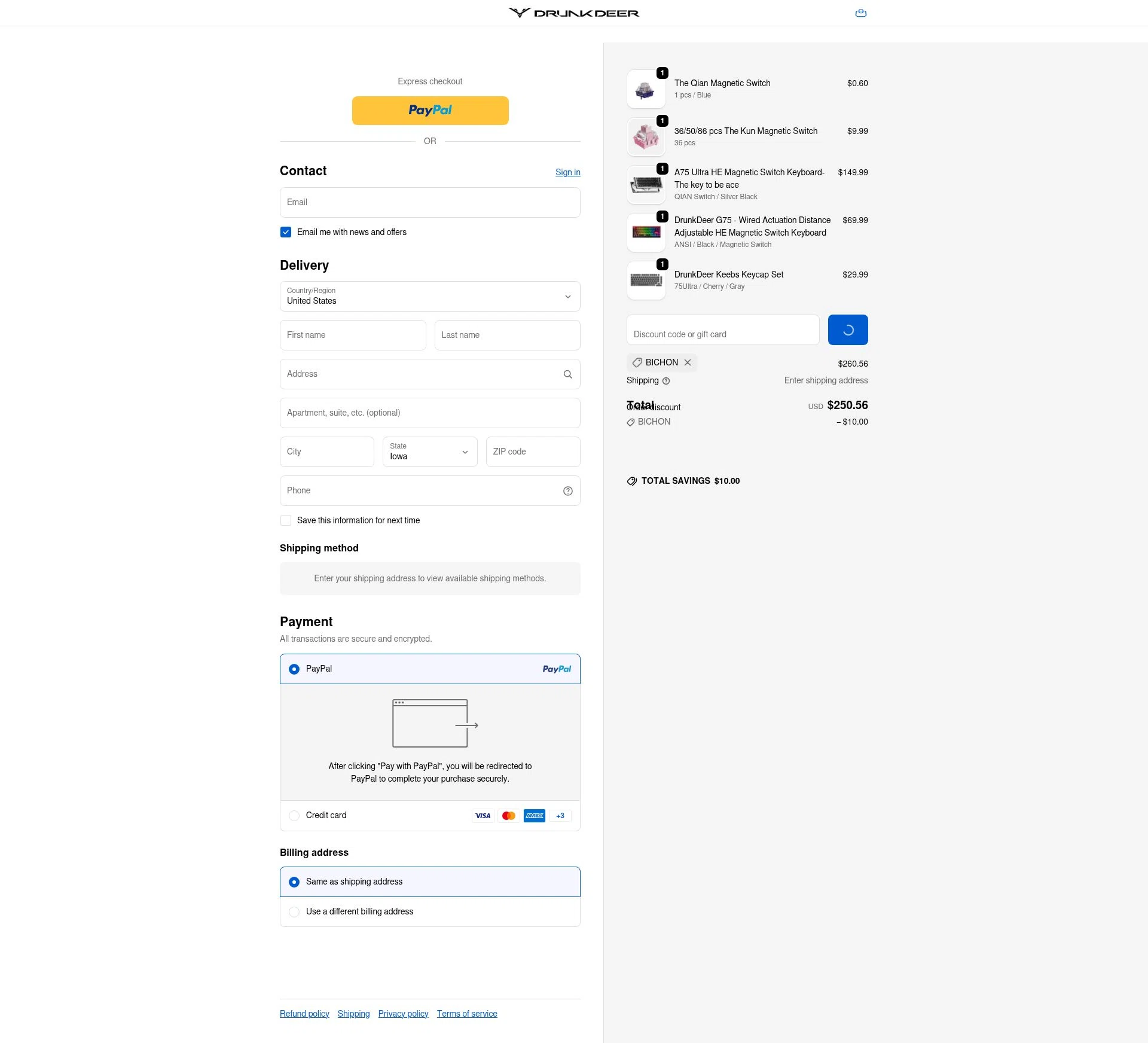 DrunkDeer checkout page showing DrunkDeer coupon code box | Screenshot taken by SimplyCodes community member on Jan 5, 2026