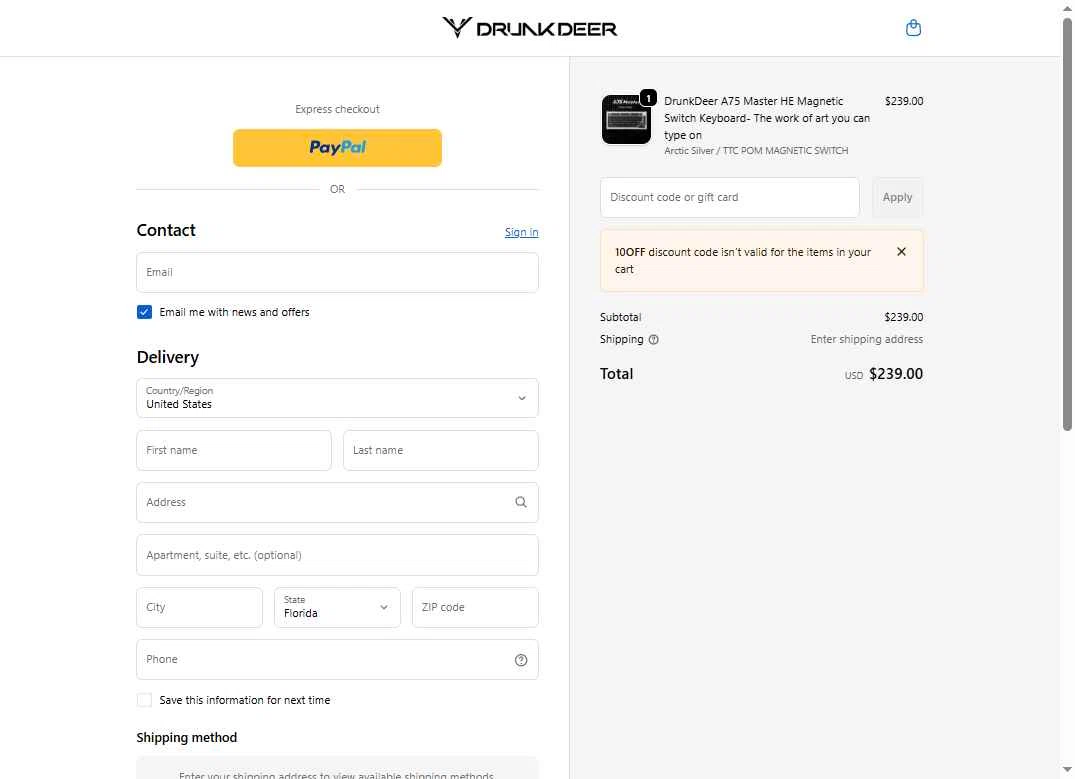DrunkDeer checkout page showing DrunkDeer coupon code box | Screenshot taken by SimplyCodes community member on Jan 5, 2026