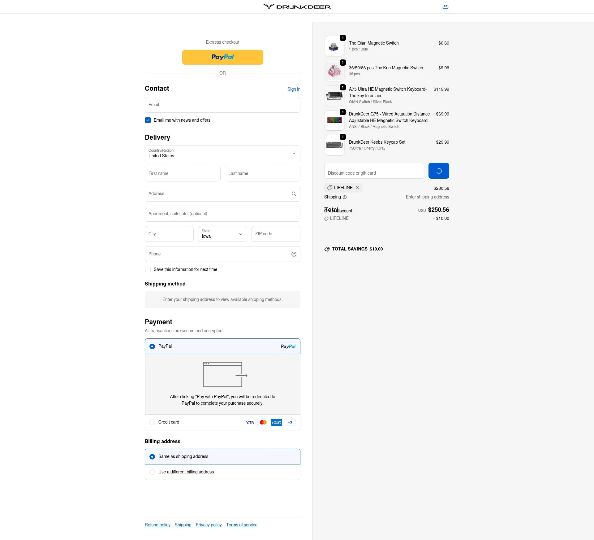 DrunkDeer checkout page showing DrunkDeer coupon code box | Screenshot taken by SimplyCodes community member on Jan 5, 2026