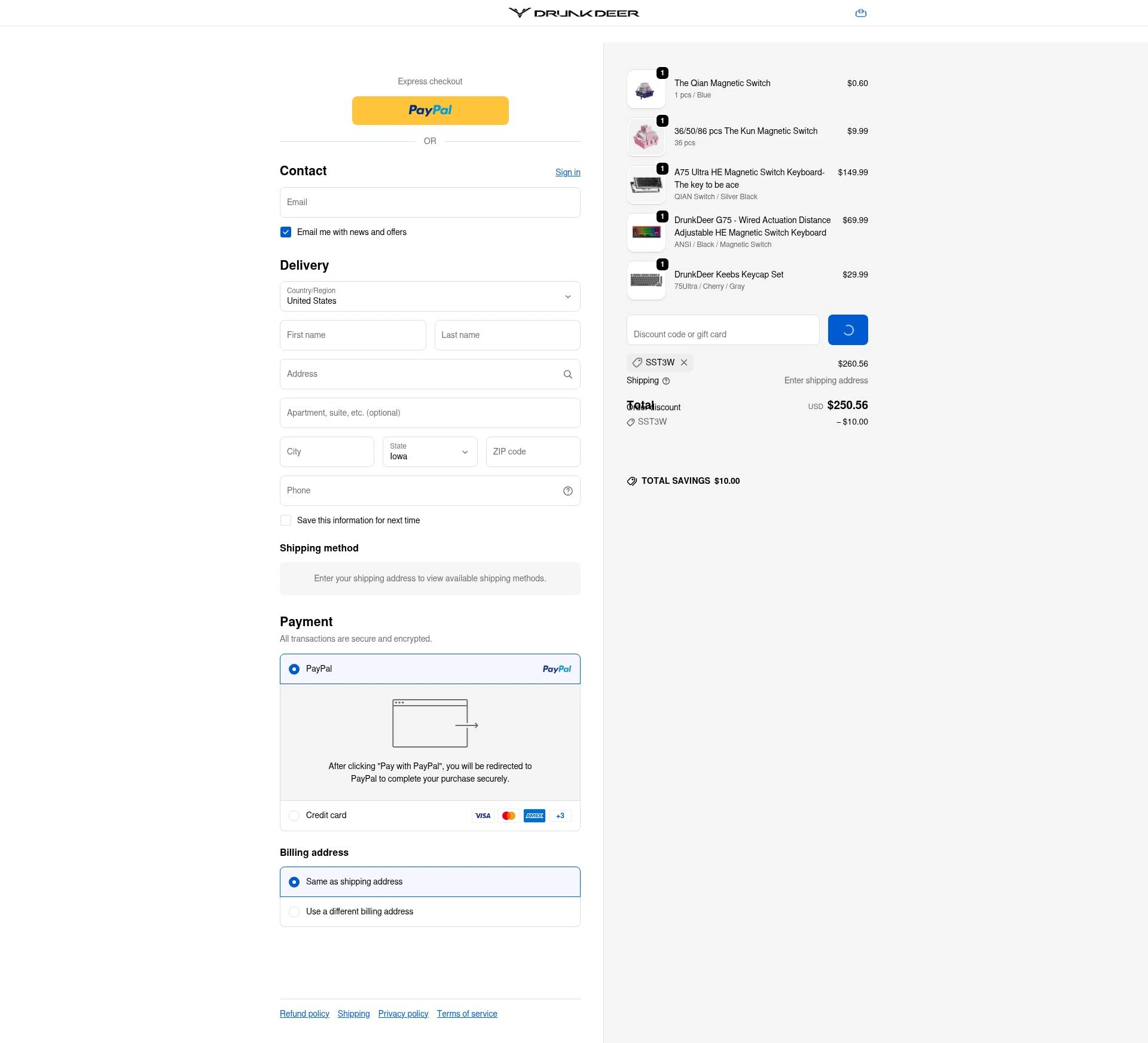 DrunkDeer checkout page showing DrunkDeer coupon code box | Screenshot taken by SimplyCodes community member on Jan 5, 2026