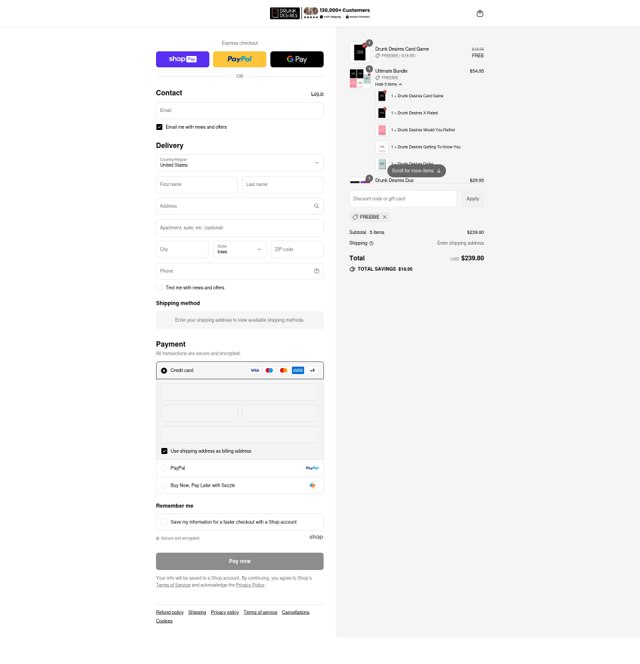 Drunk Desires checkout page showing Drunk Desires discount code box | Screenshot taken by SimplyCodes community member on Aug 15, 2025
