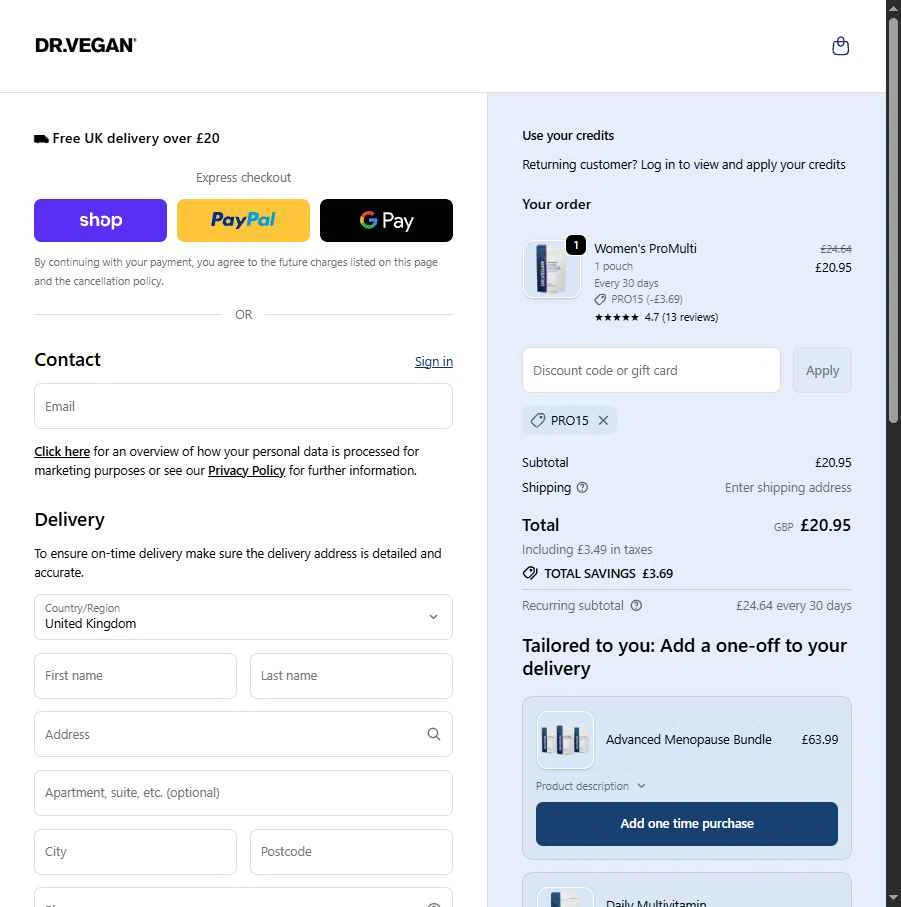 Dr. Vegan checkout page showing Dr. Vegan discount code box | Screenshot taken by SimplyCodes community member on Feb 12, 2026