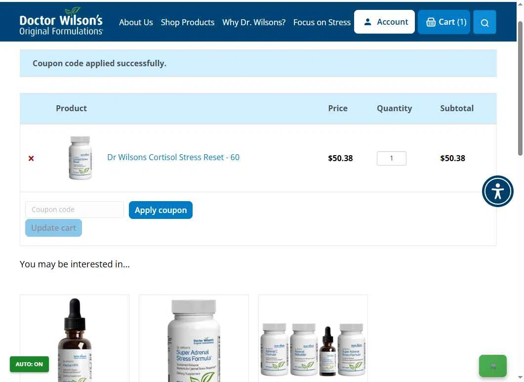 Doctor Wilson’s Original Formulations checkout page showing Doctor Wilson’s Original Formulations promo code box | Screenshot taken by SimplyCodes community member on Oct 31, 2025