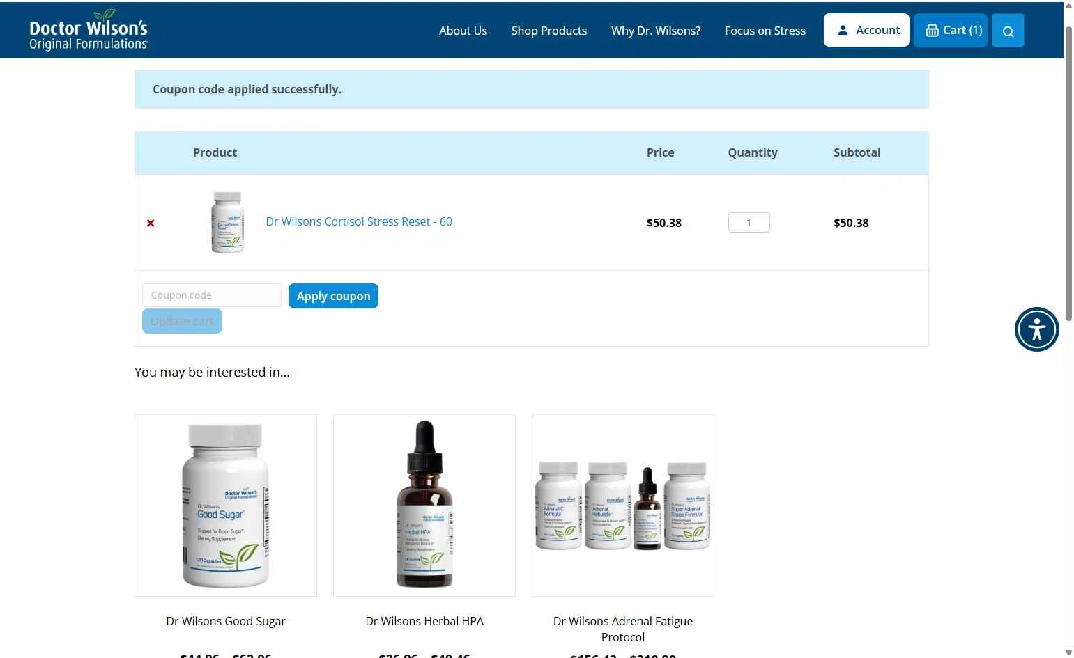 Doctor Wilson’s Original Formulations checkout page showing Doctor Wilson’s Original Formulations promo code box | Screenshot taken by SimplyCodes community member on Oct 31, 2025