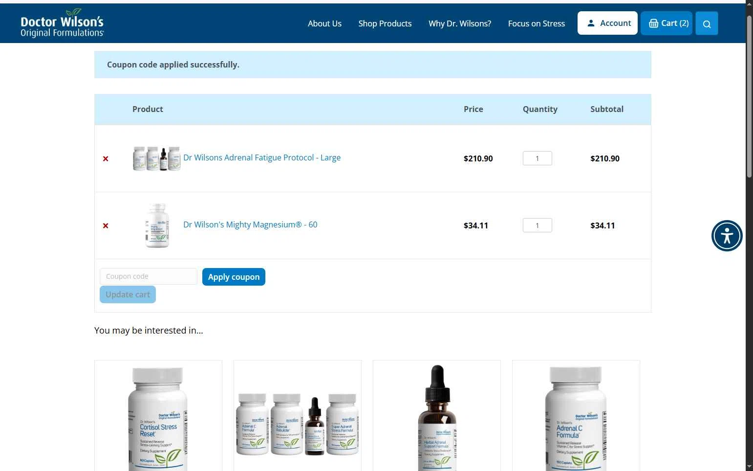 Doctor Wilson’s Original Formulations checkout page showing Doctor Wilson’s Original Formulations promo code box | Screenshot taken by SimplyCodes community member on Oct 24, 2025