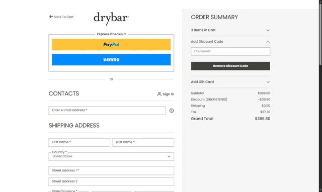 Drybar checkout page showing Drybar promo code box | Screenshot taken by SimplyCodes community member on Aug 19, 2025