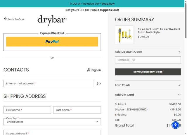 Drybar checkout page showing Drybar promo code box | Screenshot taken by SimplyCodes community member on Sep 10, 2025