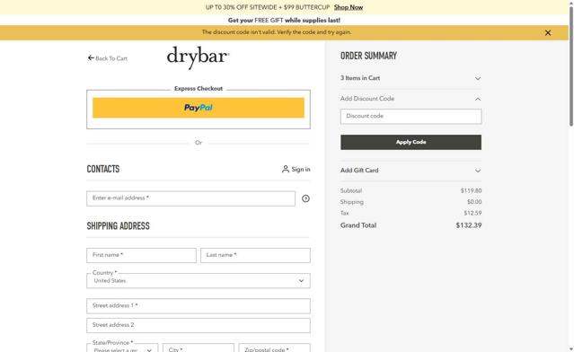 Drybar checkout page showing Drybar promo code box | Screenshot taken by SimplyCodes community member on Jul 1, 2025